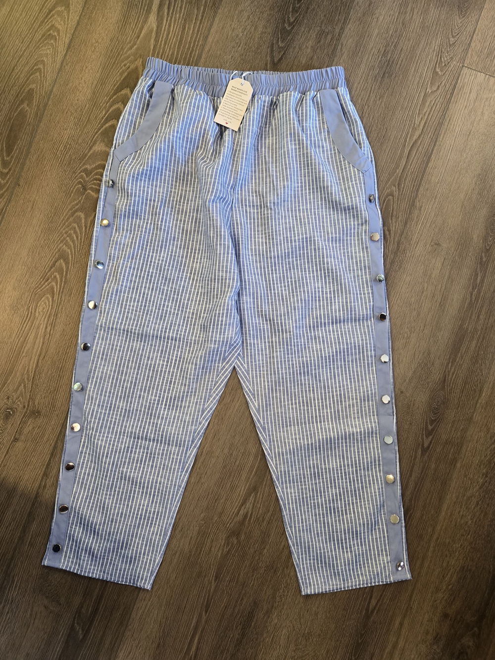 Striped Light Blue Snap-Trim Women’s Trousers